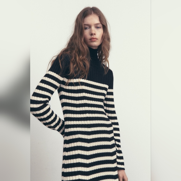 New Zara Wool Blend Striped Knit Midi Dress - 5755/147 - Picture 3 of 8
